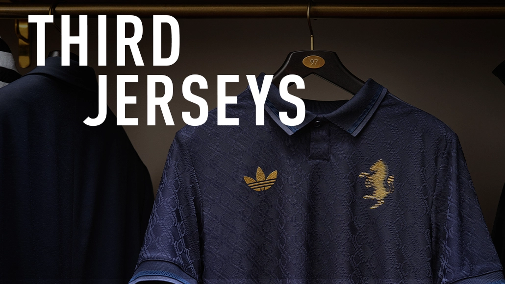 The image shows a display of sports jerseys, specifically from "Third Jerseys". The jerseys are dark blue with an adidas logo on the left, and a small horse emblems on the right. 