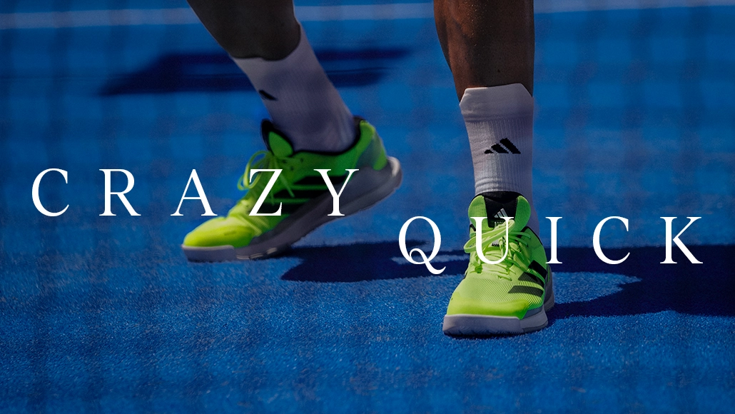 This is an image that shows a tennis player on a blue court, wearing sports shoes. There's a text overlaid on the image which says "CRAZY QUICK".