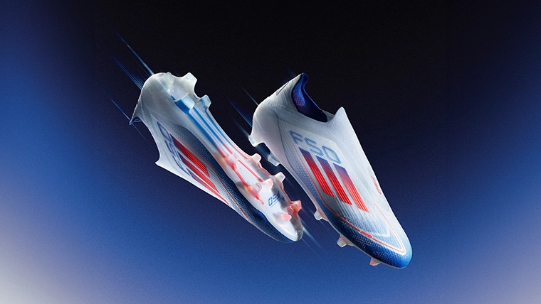 The image is an advertisement or a promotional graphic for a pair of white and red adidas sports cleats with the numbers "F 50" visible and presumably indicating their model number.