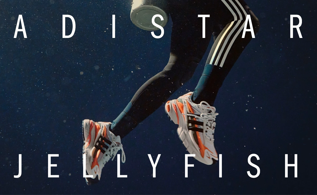 Person wearing scuba gear underwater in adidas running shoes, with the text “ADI STAR JELLYFISH.” (Photo)