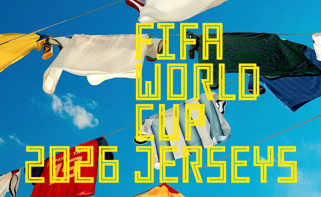Multiple football jerseys hanging on a line against a blue sky, with large text reading “FIFA World Cup 2026 Jerseys.” (Photo)